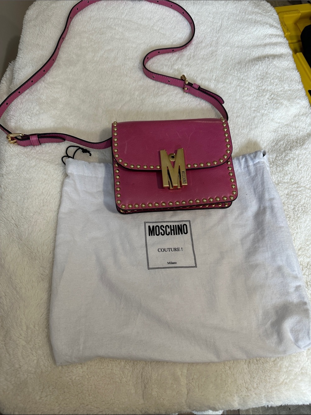 Moschino Fuchsia Studded Leather Crossbody with Gold M Clasp (25)